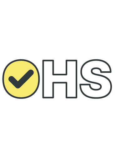 The image shows the letters "OHS." The "O" is a yellow circle with a black check mark inside, and the letters "HS" are outlined in black on a white background.