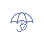 Simple blue line drawing of an umbrella with a small shield featuring a checkmark on the handle, symbolizing Recommended Safety Software and protection or insurance, on a light gray background.