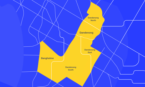 A stylized map highlighting the regions of Bangholme, Dandenong South, Dandenong East, Dandenong North, and Dandenong in yellow, with blue background and white lines representing roads.