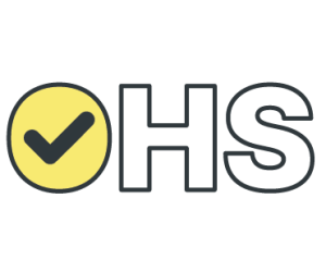 The image shows the letters "OHS." The "O" is a yellow circle with a black check mark inside, and the letters "HS" are outlined in black on a white background.